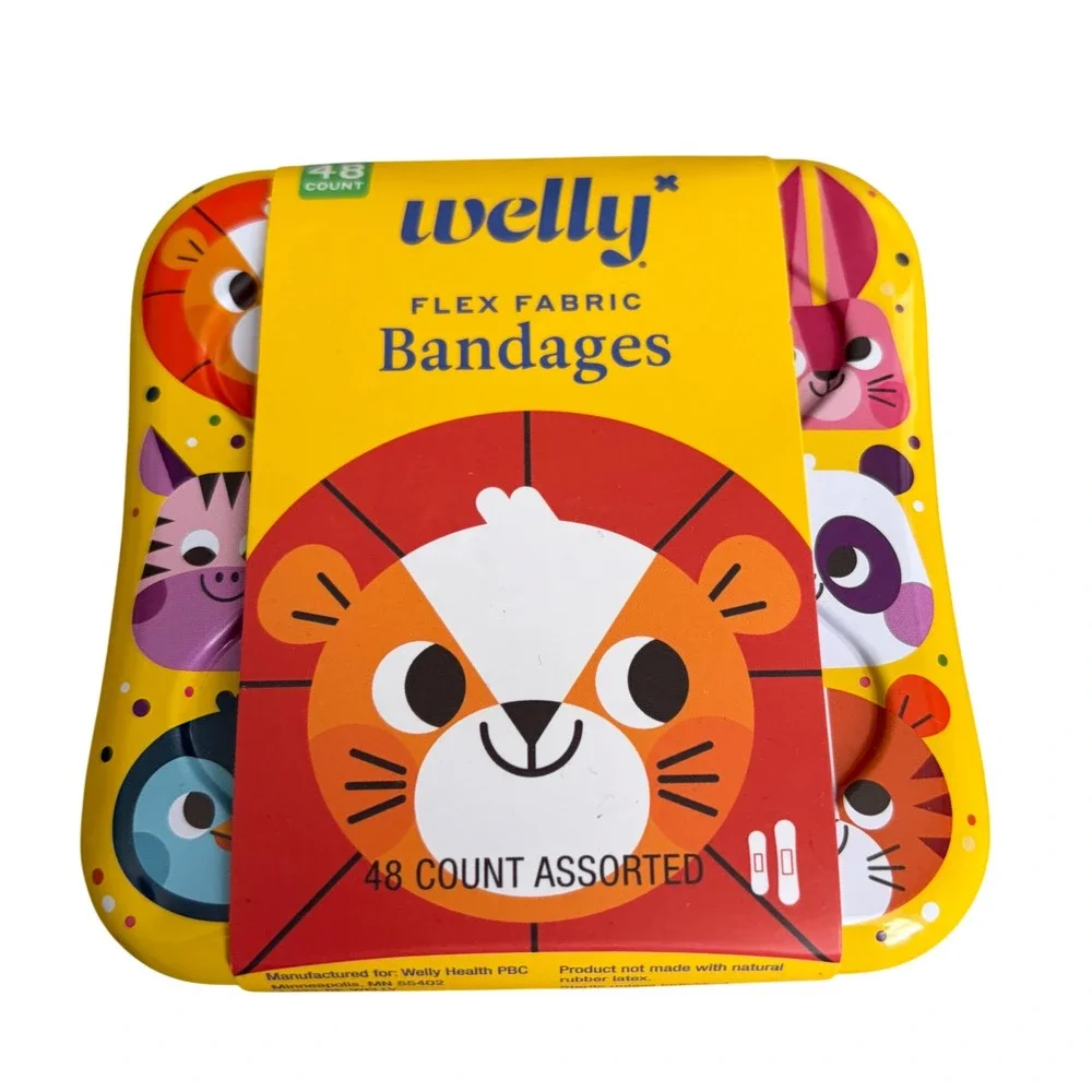Welly Flex Fabric Bandages 48 Count Assorted Animal Patterns Reusable Tin